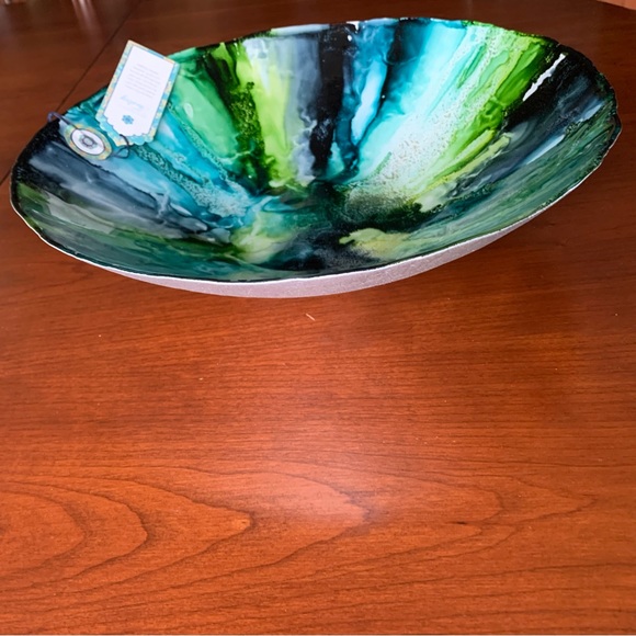 13” round colorful art glass deep serving bowl green blue gray silver paint back - Picture 3 of 5